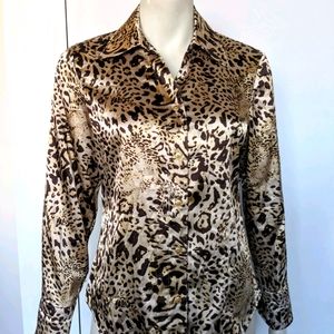 Silky satin Gold black leopard Kasper blouse